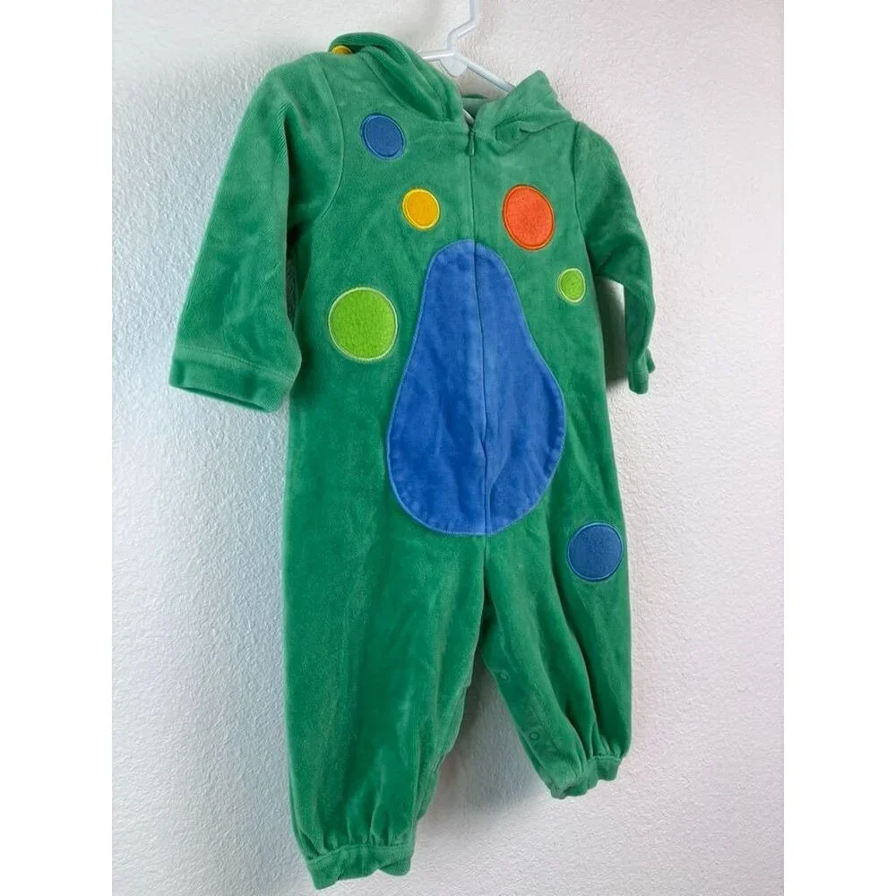 Vintage Parisian Kids baby 12 months green dino sleeper‎ costume hooded zip up